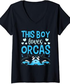 Womens This Boy Loves Orcas Sea Protect Whale Orca V-Neck T-Shirt