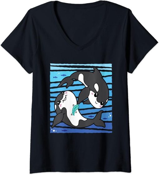 Womens Happy Orcas I Orca Whale I Kids Orca V-Neck T-Shirt