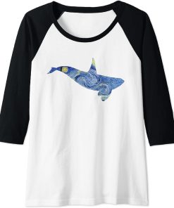 Womens Orca Van Gogh Starry Night Art Van Gogh Painting Whale Raglan Baseball Tee