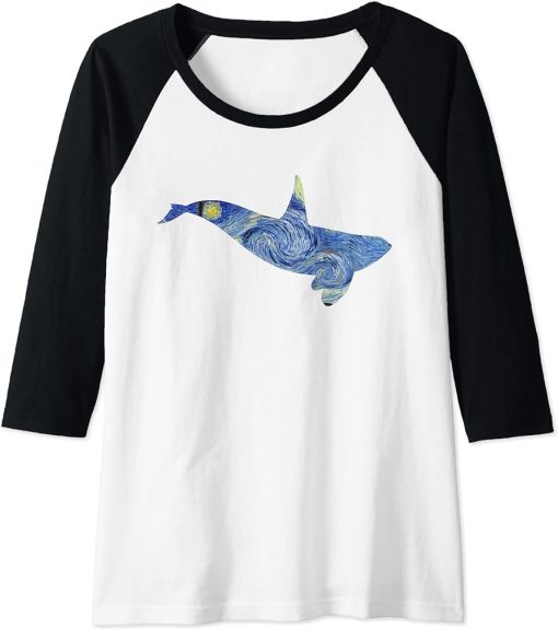 Womens Orca Van Gogh Starry Night Art Van Gogh Painting Whale Raglan Baseball Tee