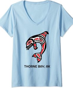 Womens Thorne Bay, Alaska Native American Indian Orca Killer Whales V-Neck T-Shirt