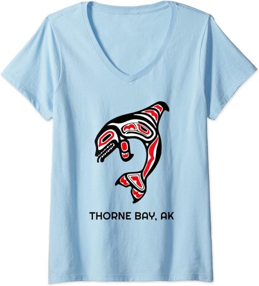 Womens Thorne Bay, Alaska Native American Indian Orca Killer Whales V-Neck T-Shirt