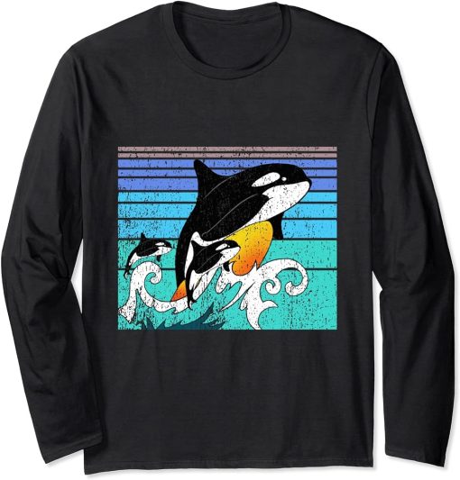 Orca Family Vintage Retro Art, Killer Whale Family Birthdays Long Sleeve T-Shirt