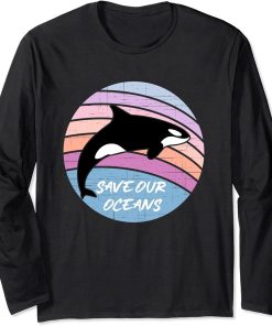 Save Our Oceans Orca Killer Whale Art Retro Style Climate Long Sleeve T-Shirt