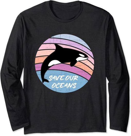 Save Our Oceans Orca Killer Whale Art Retro Style Climate Long Sleeve T-Shirt